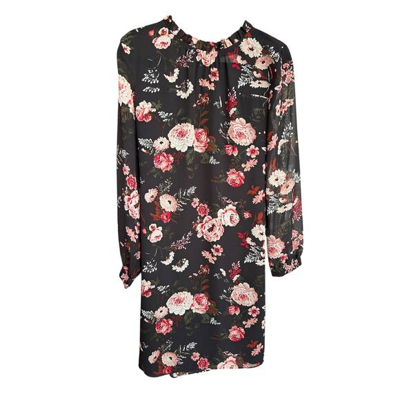 Ann Taylor LOFT Women's Black Floral Sheer Smocked Neck Dress Size 8 - Picture 3 of 5
